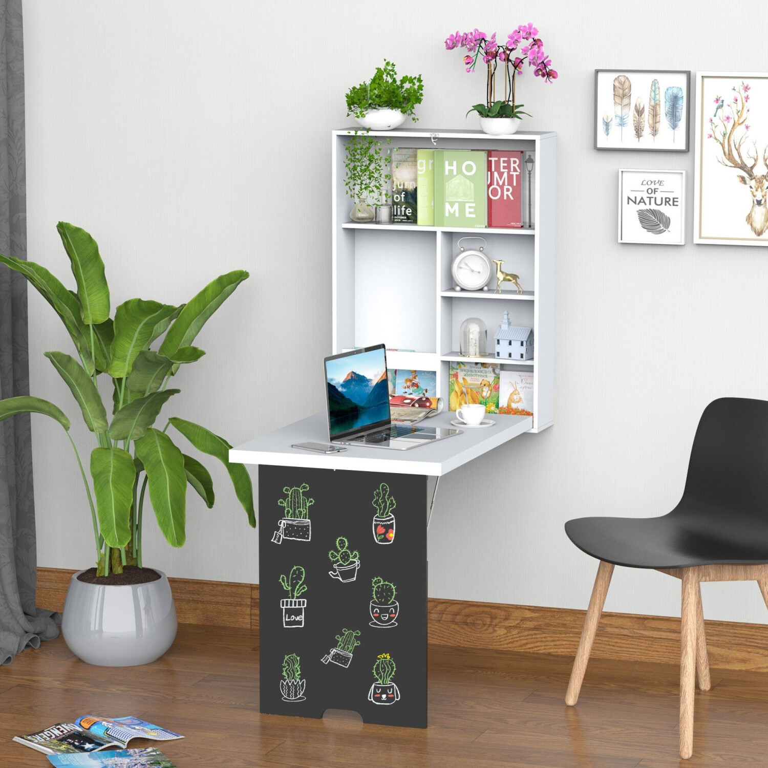 HomCom Table Murale Rabattable avec Etagère Intégrée et Tableau Noir