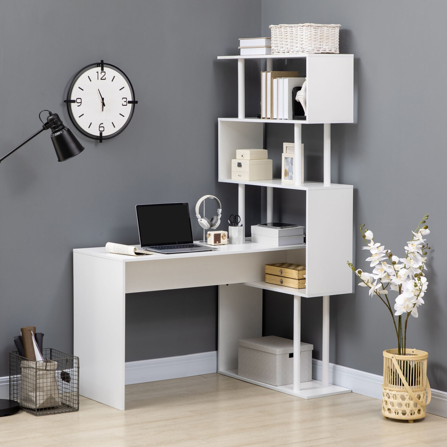 HomCom Bureau d'Angle Informatique Avec Étagères 4 Niveaux bois