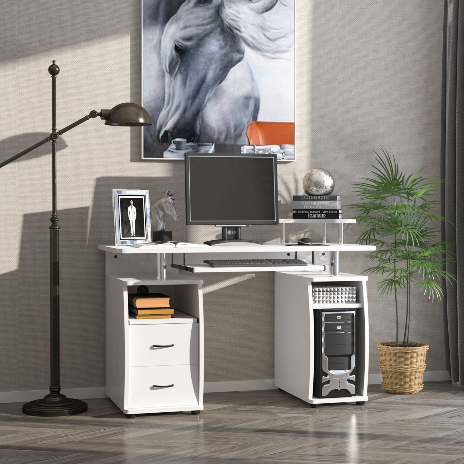 HomCom Bureau Informatique Multimédia Multi-rangements blanc