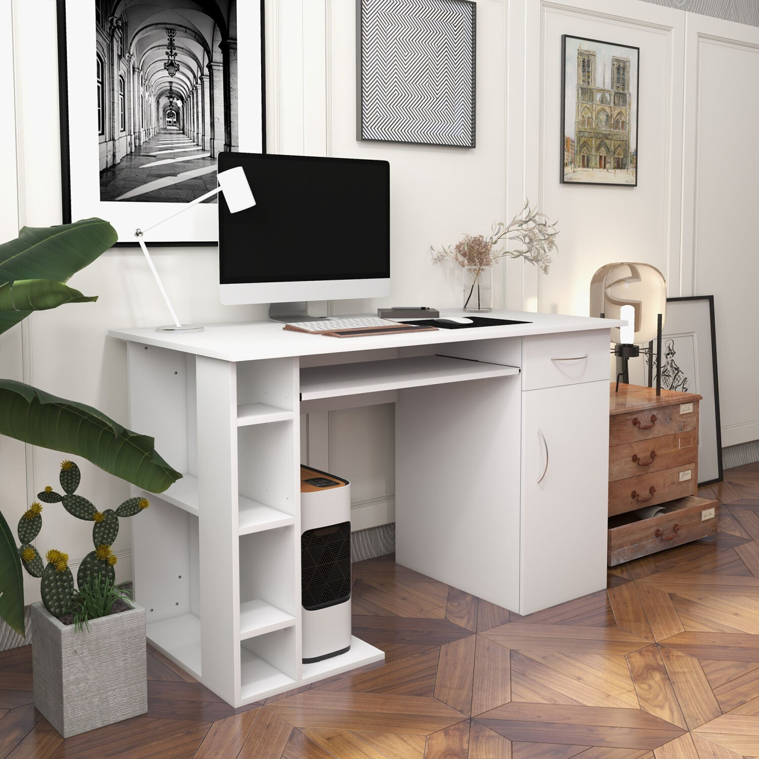 HomCom Bureau Informatique Multi-rangements avec Étagère tiroir tablette clavier blanc