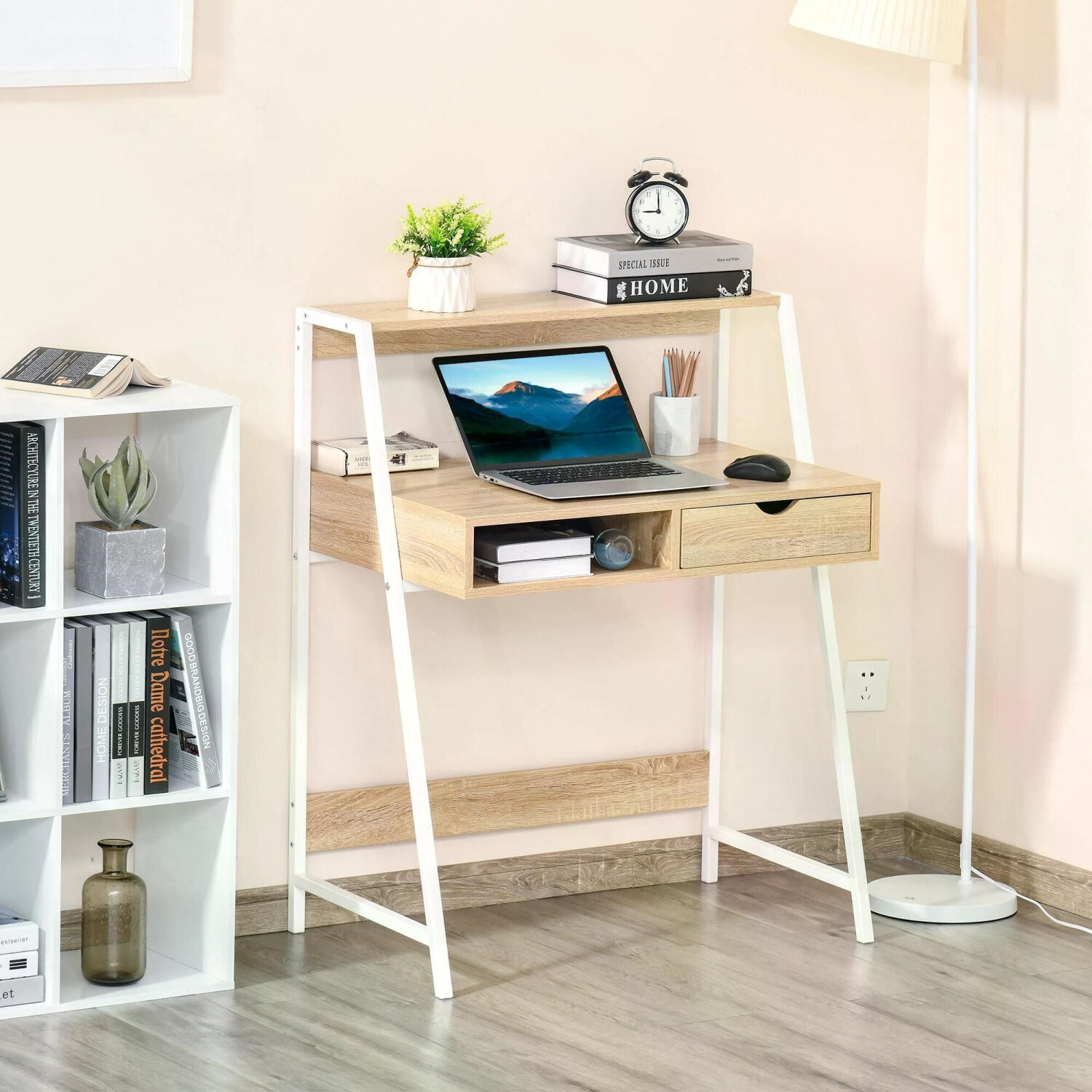 HomCom Bureau Informatique Étagère Style Néo-rétro bois