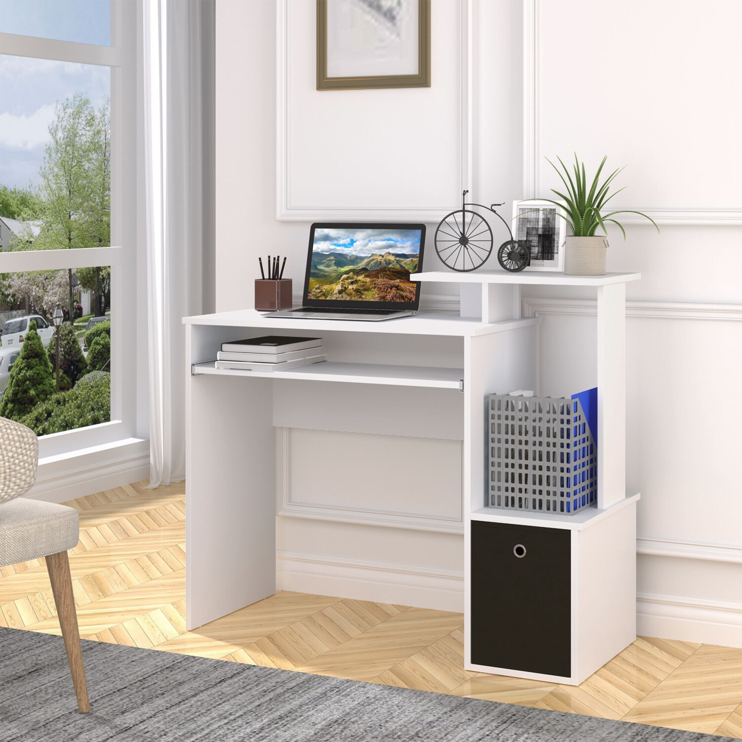 HomCom Bureau Informatique Grand Espace de Rangement avec Clavier Tablette Blanc