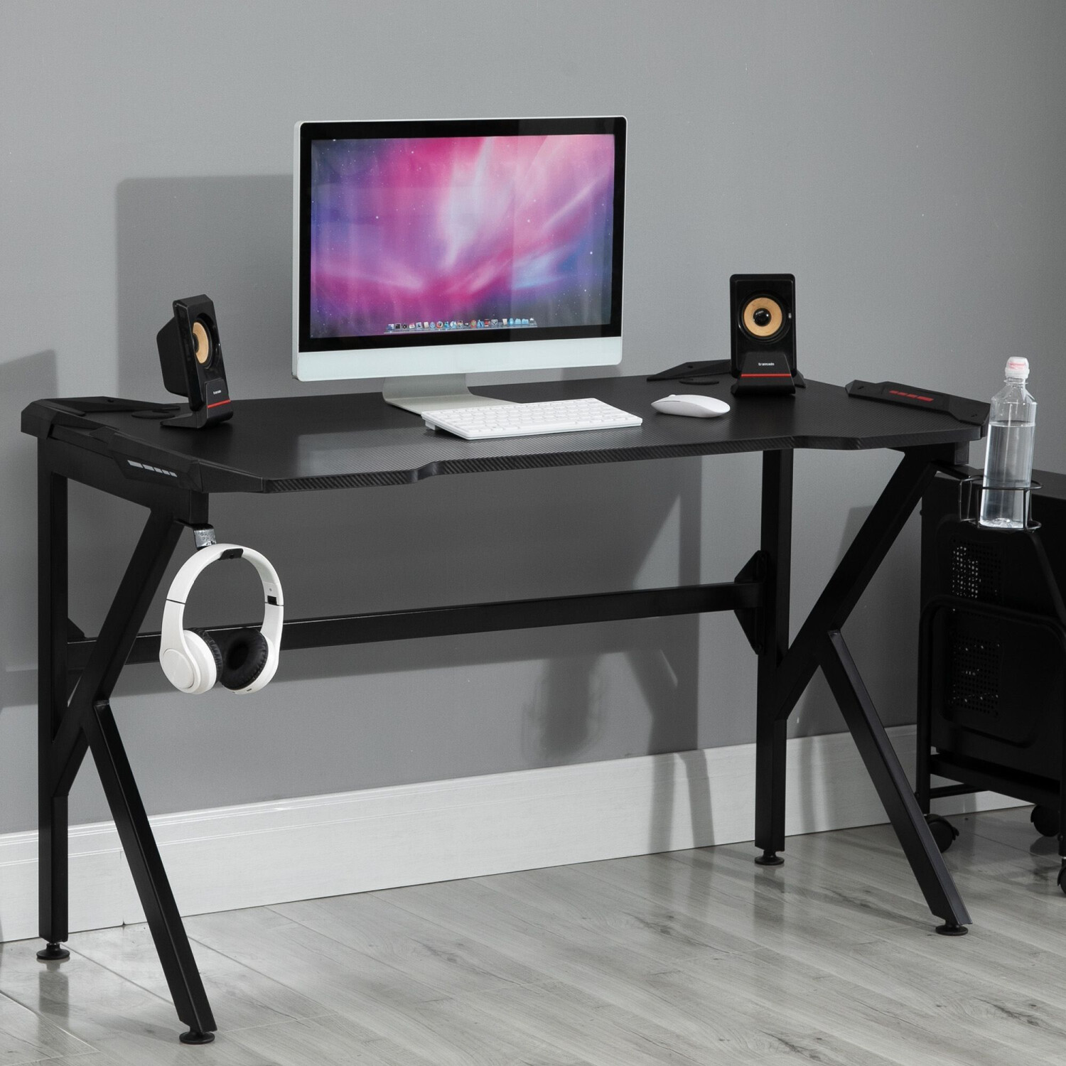 HomCom Bureau Gaming Noir Ergonomique avec Porte-Gobelet