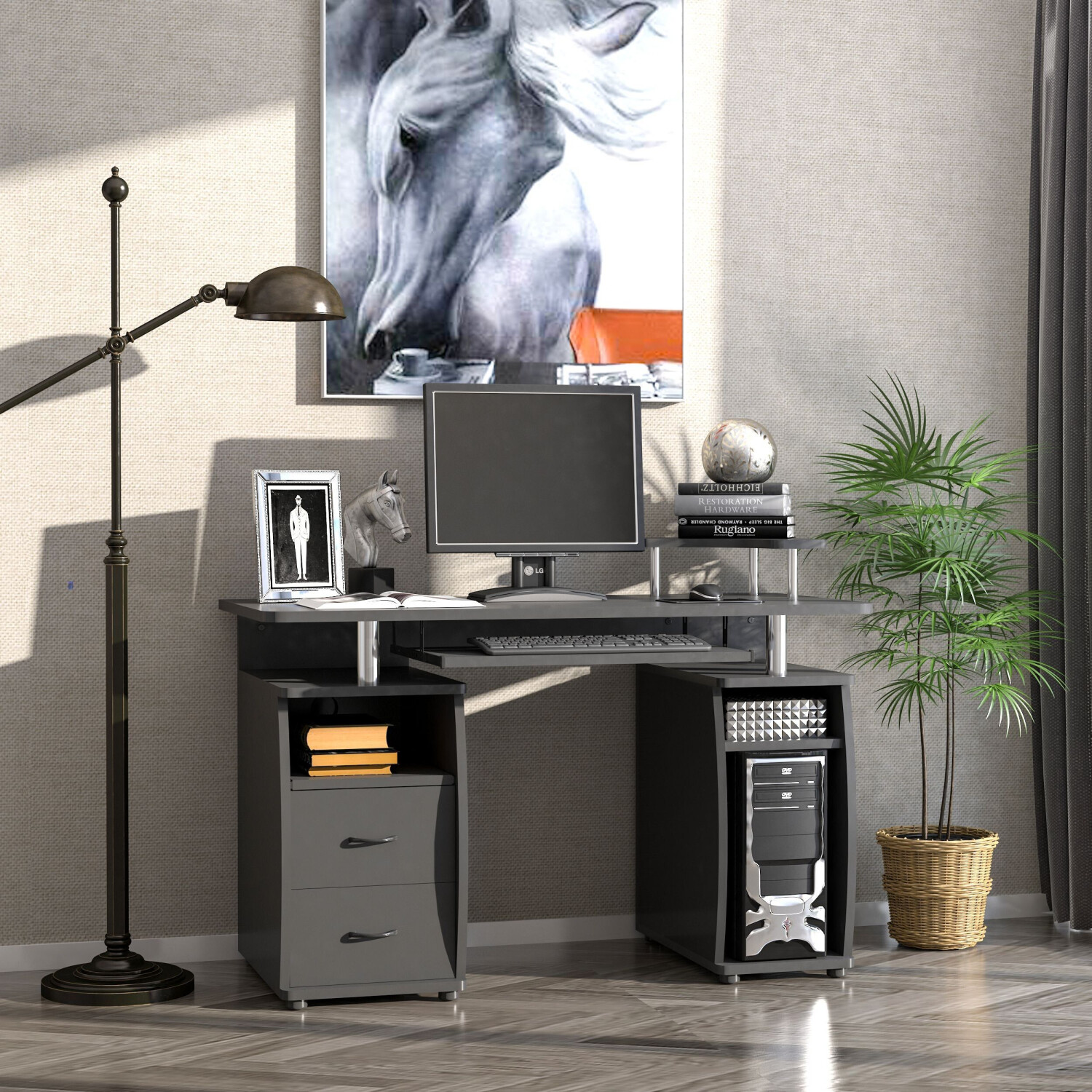 HomCom Bureau Informatique Multimédia Multi-rangements noir
