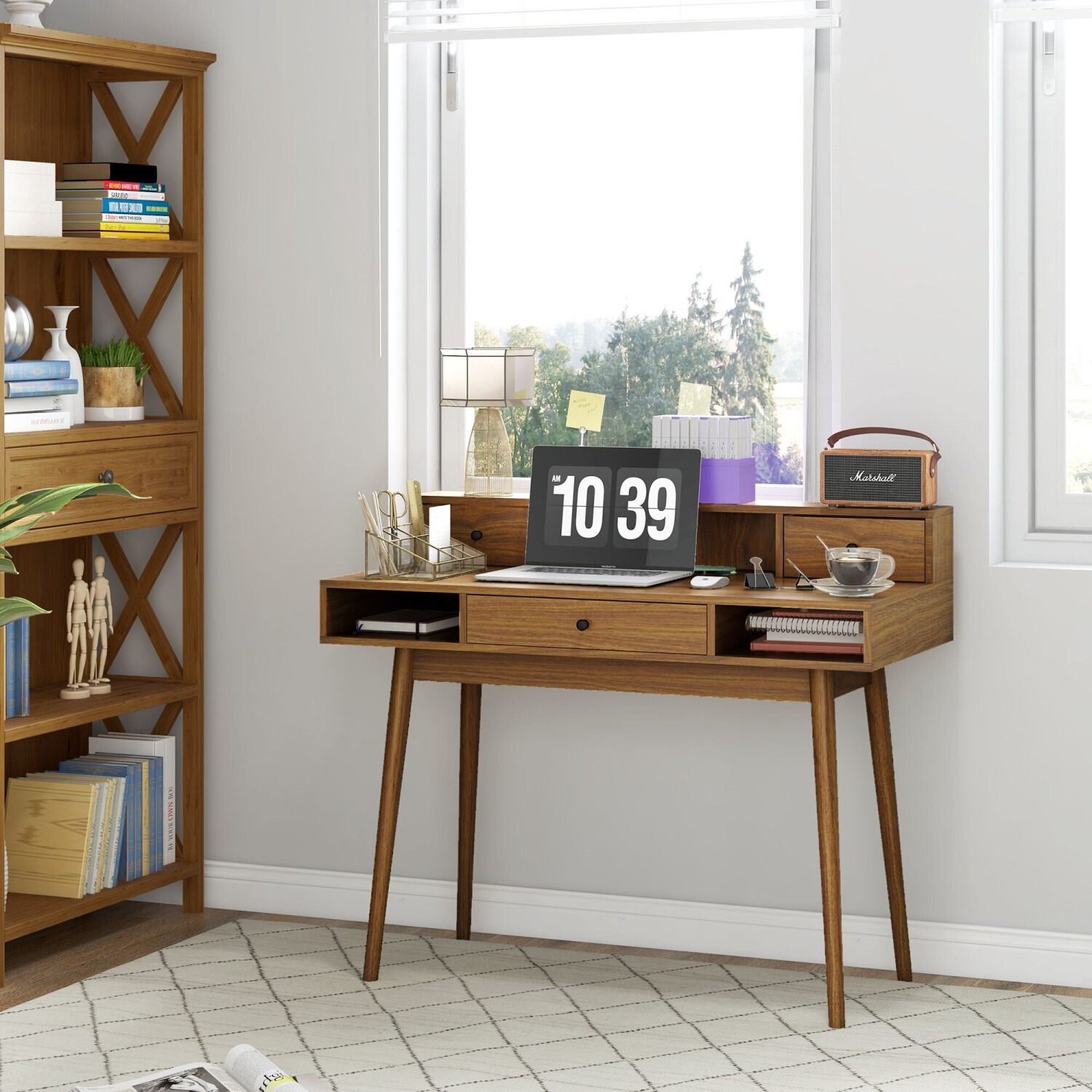 HomCom Bureau Design Vintage 3 Tiroirs 3 Niches bois