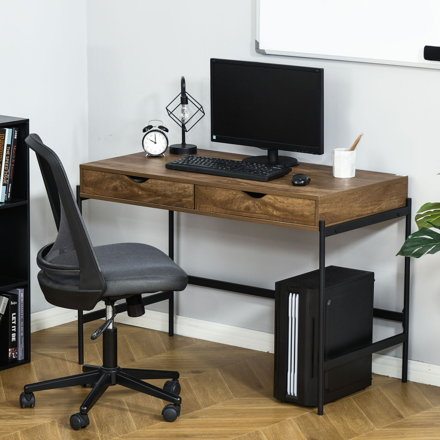 HomCom Bureau informatique 2 tiroirs style industriel noir