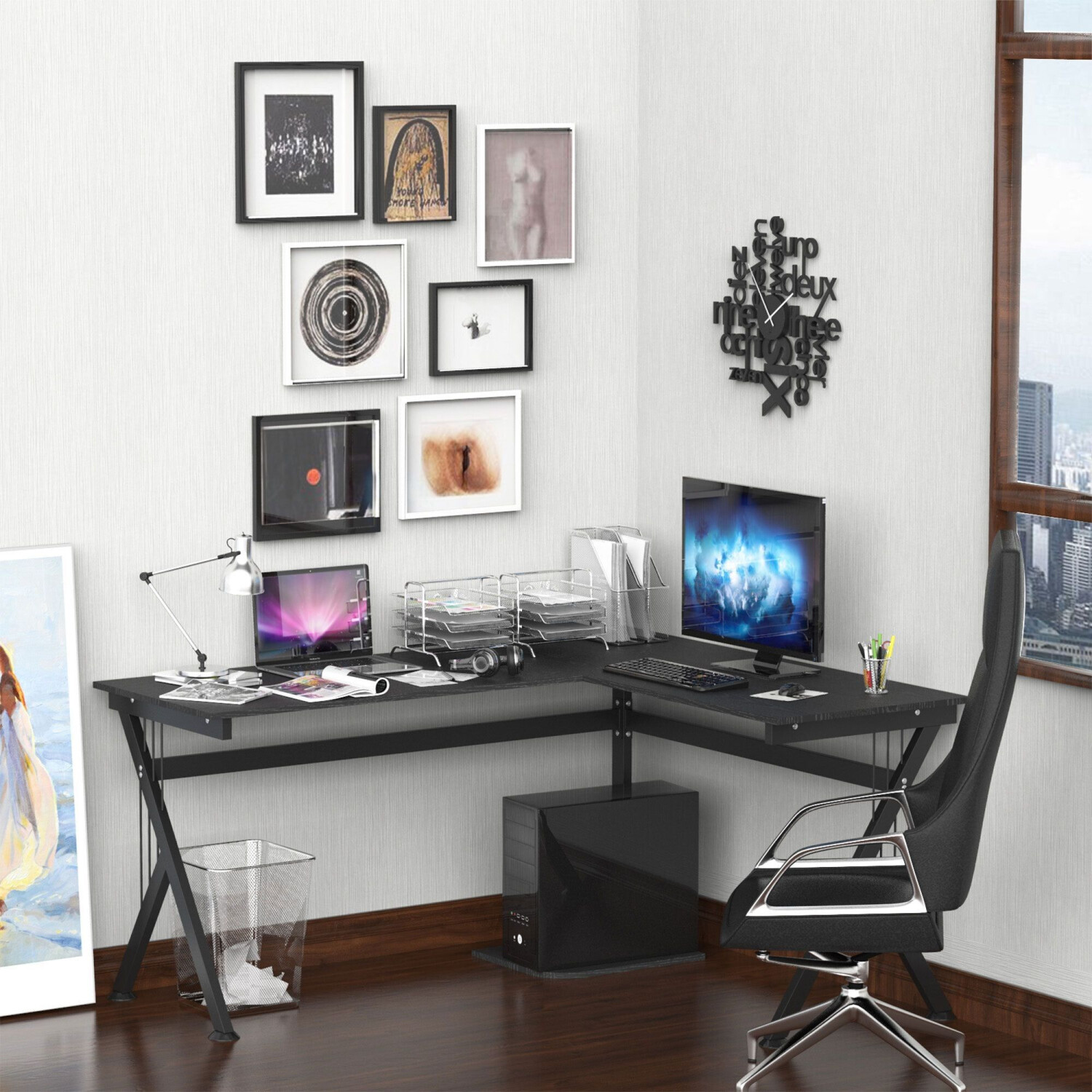 HomCom Bureau d'Angle Informatique Contemporain noir