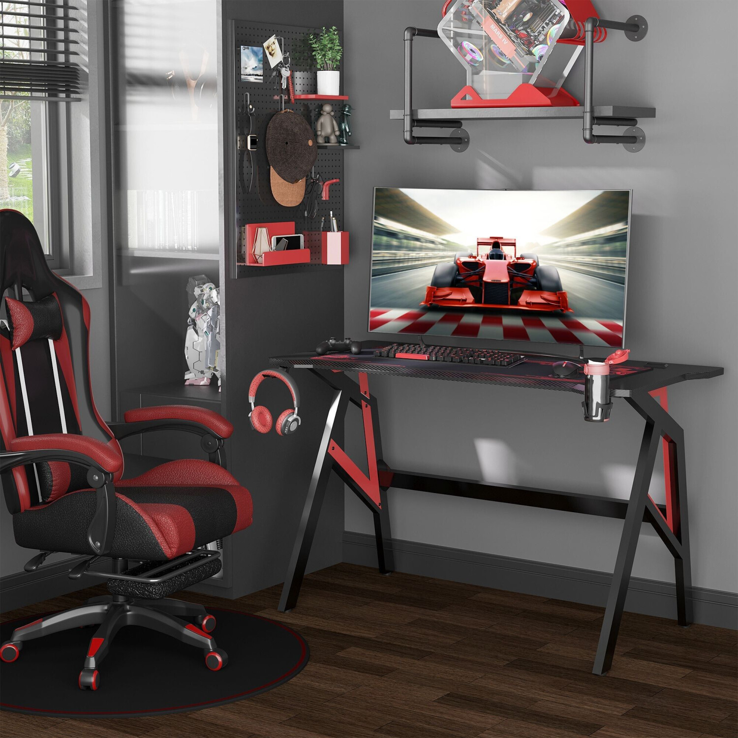 HomCom Bureau gamer fibre carbone rouge/noir