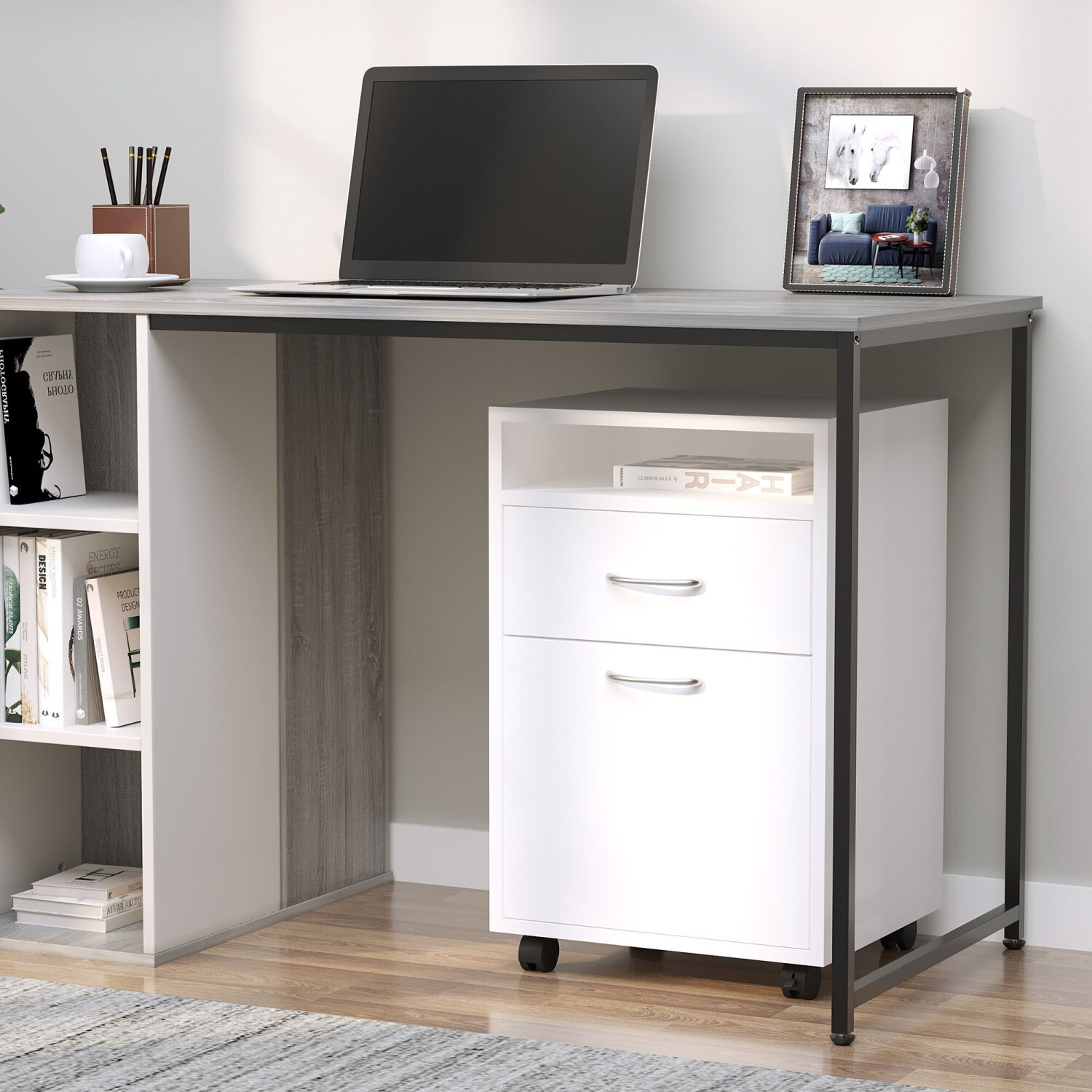 HomCom Caisson Bureau Mobile sur Roulettes blanc