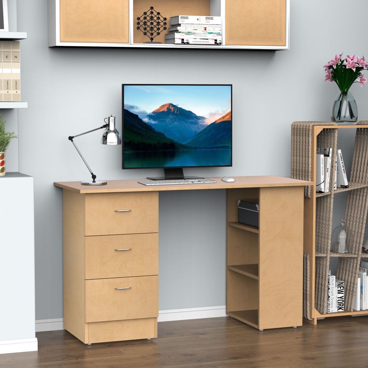 HomCom Bureau Informatique Multi-Fonctions 3 Tiroirs 2 Étagères bois