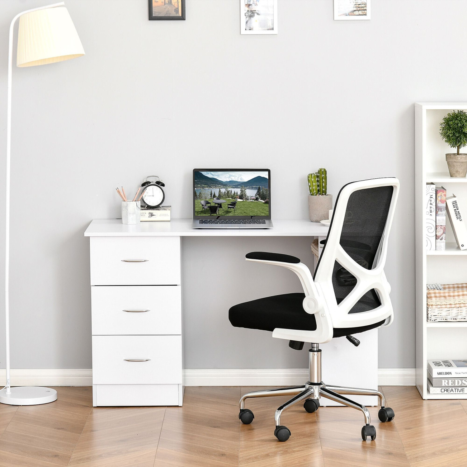 HomCom Table d'Ordinateur avec Rangement 3 Tiroirs et 3 Compartiments blanc