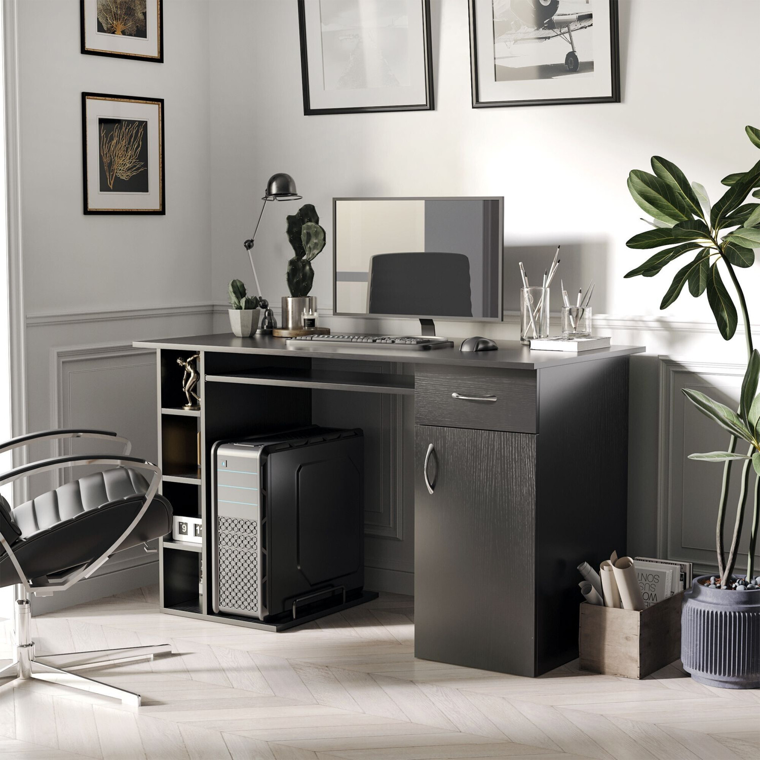 HomCom Bureau informatique Multi-rangements avec Étagère noir