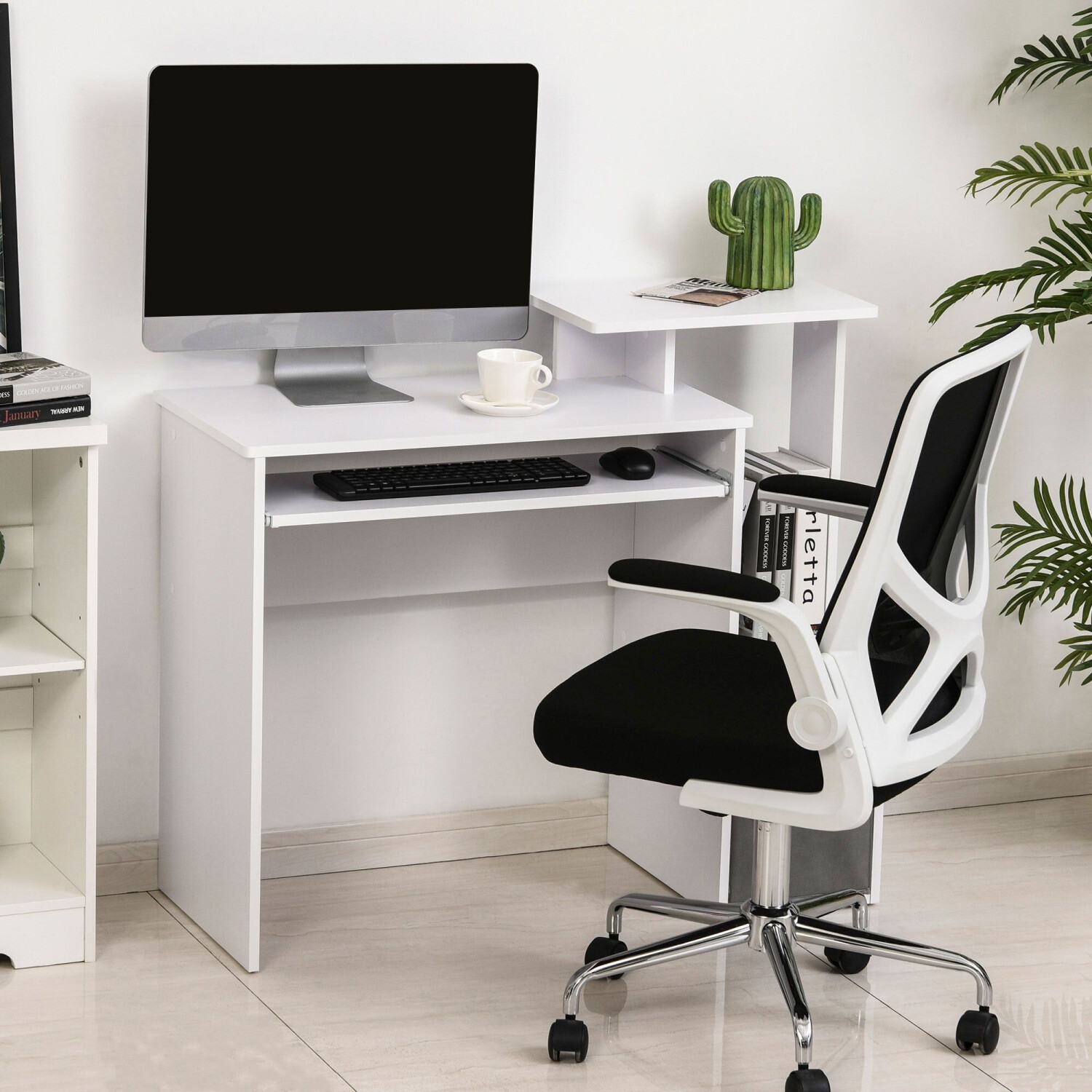 HomCom Bureau Informatique avec Étagères et Tablette Clavier blanc/gris
