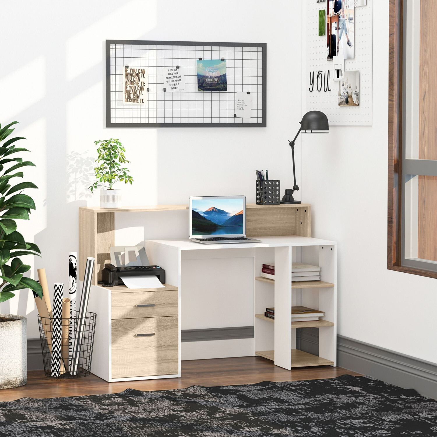 HomCom Bureau Informatique Multi-Rangements beige