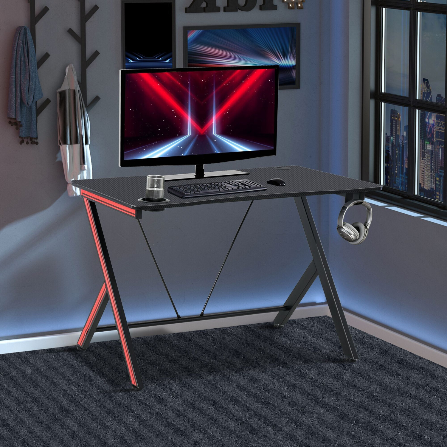 HomCom Bureau Gaming avec Porte-Gobelet noir/rouge