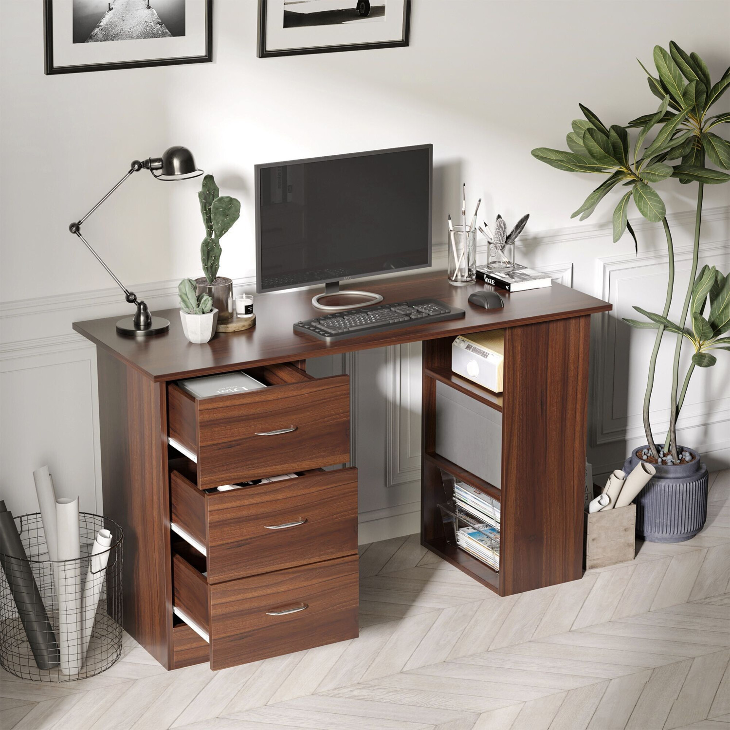 HomCom Bureau Informatique Multi-fonctions 3 Tiroirs 3 Étagères bois