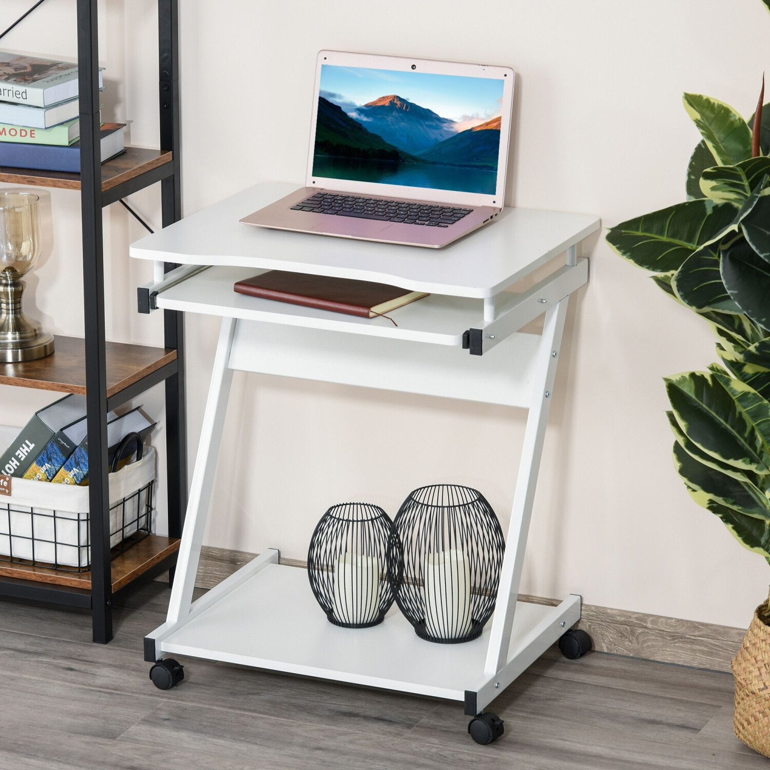 HomCom Bureau Informatique Mobile Clavier Coulissant et Étagère blanc