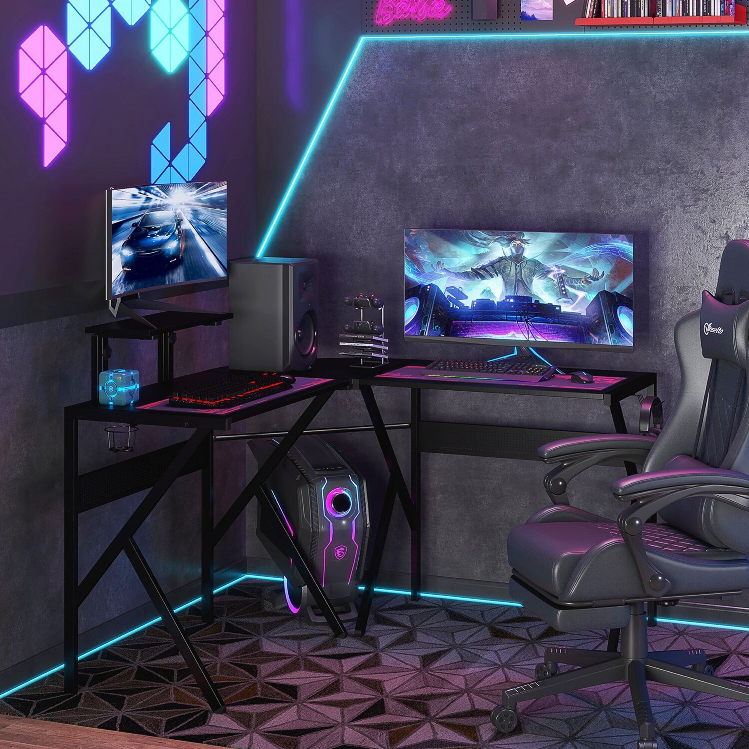 HomCom Bureau gaming d'Angle avec Porte-casque et Porte-Gobelet noir