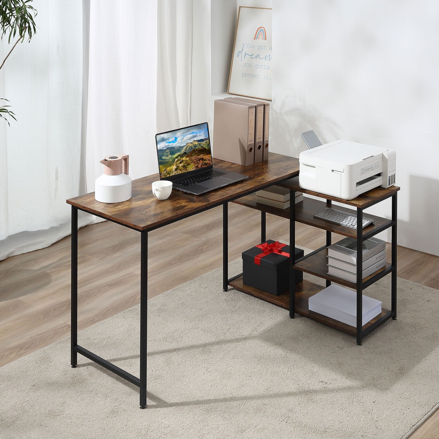 HomCom Bureau d'Angle Informatique Industriel avec Étagères de Rangement marron