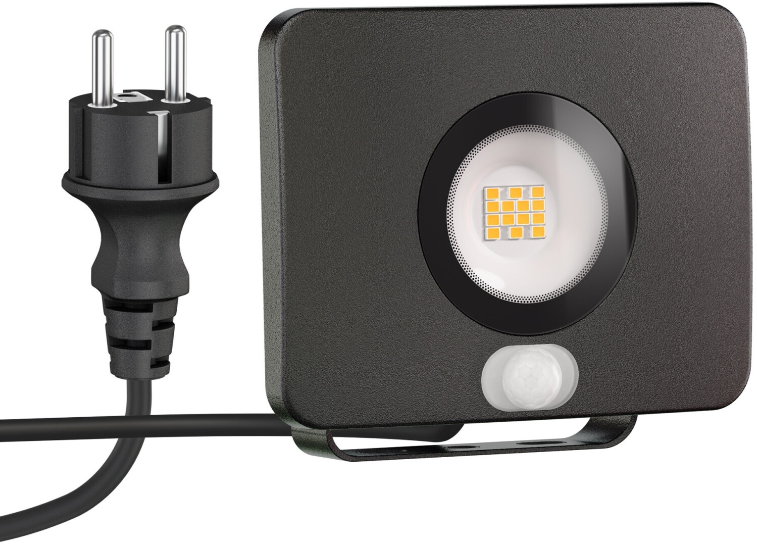 ledscom.de LED garden spotlight WEGA IP44, motion detector, plug, black, 11.4 W, 944lm, warm white, motion detector