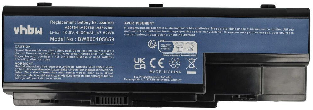 Vhbw Batteria 4400mAh (10.8V) Per Acer Aspire 7535, 7535G, 7730, 7735, 7710 E Altri - Ricambio AS07B32, AS07B72, LC.BTP00.007
