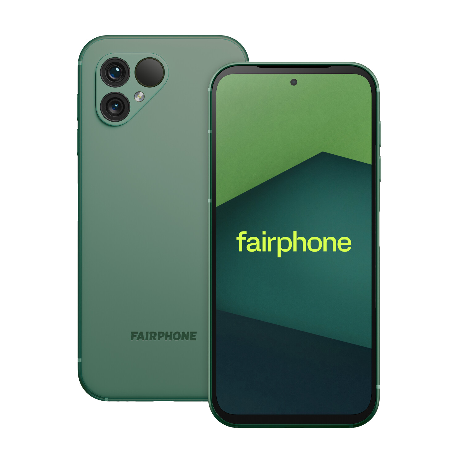 Fairphone 5 in moss green, front and rear