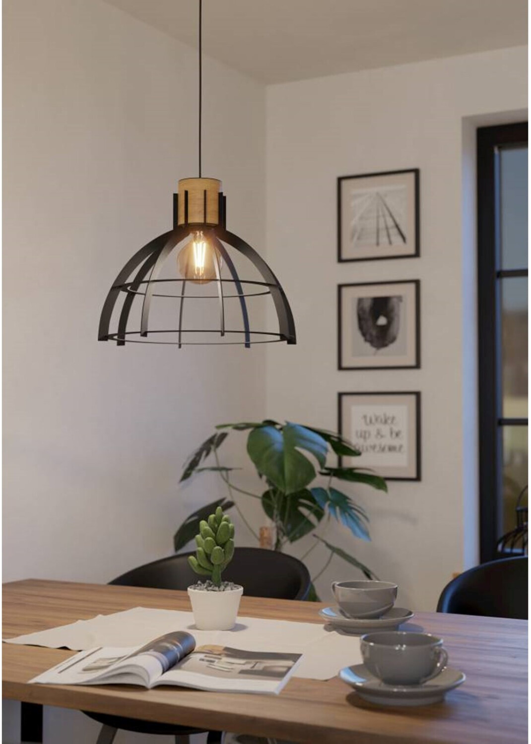 EGLO Hängelampe Stillington – Pendelleuchte Für Esstisch, Schwarz & Naturholz, 1-flammig, Ø41.5 Cm, Höhe 110 Cm