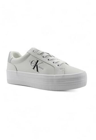 Calvin Klein Vulcanized Sneaker Flatform Lace Up Leather Shoes white silver