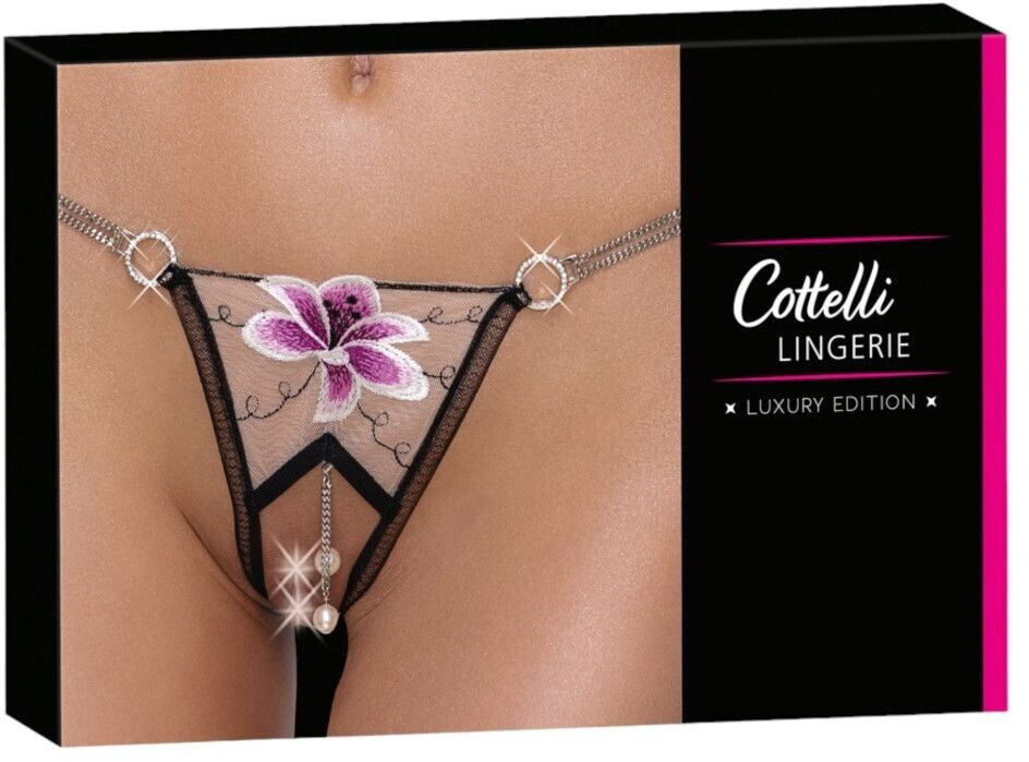 Cottelli Collection Luxury embroidered thong with lily Black-White