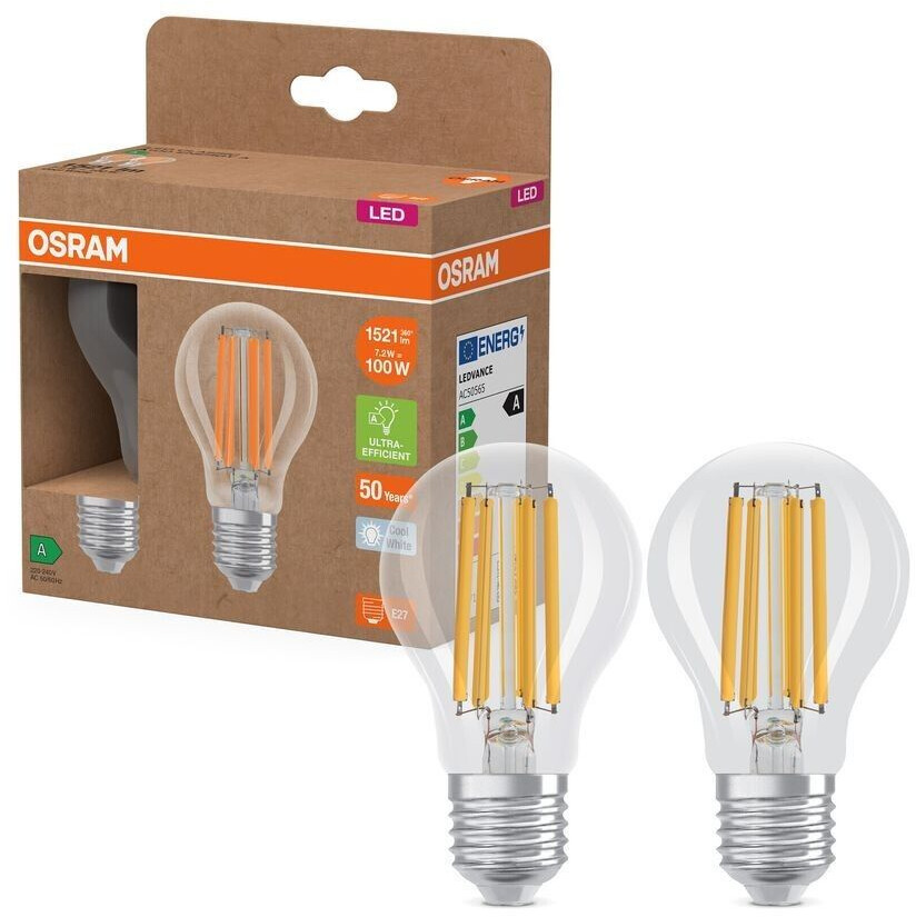 Osram Set of 2 E27 particularly efficient LED lamps clear 7.2W like 100W 4000K neutral white light - best energy efficiency class