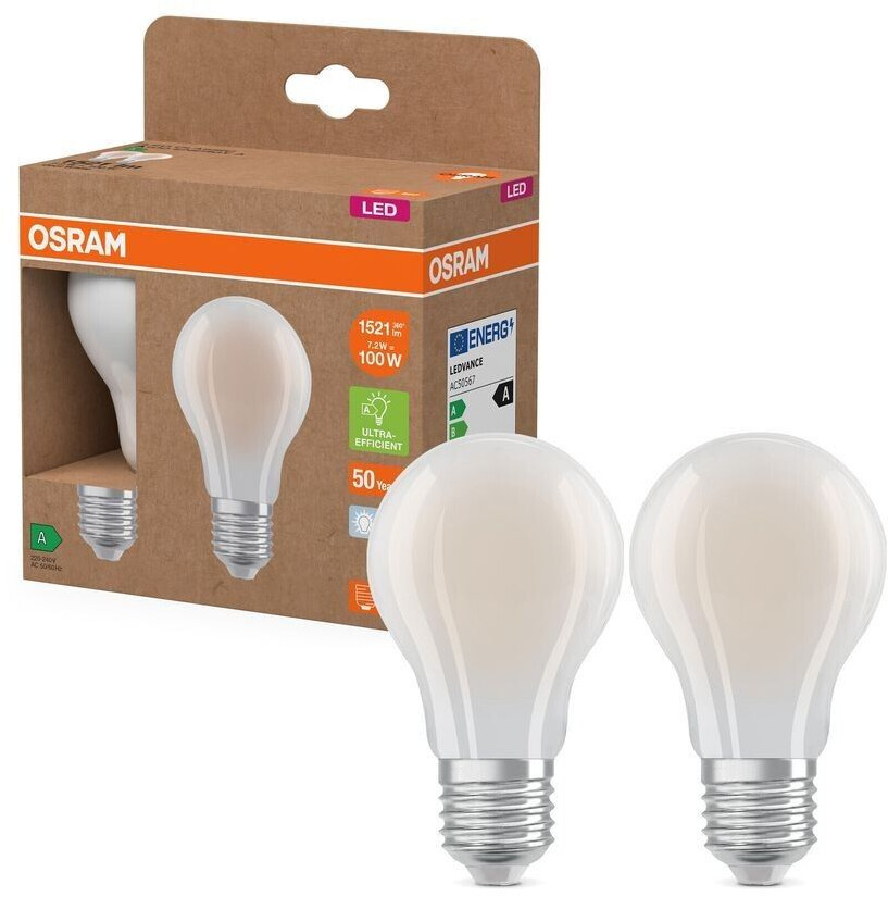 Osram Set of 2 E27 particularly efficient LED lamps matt 7.2W like 100W 4000K neutral white light - best energy efficiency class