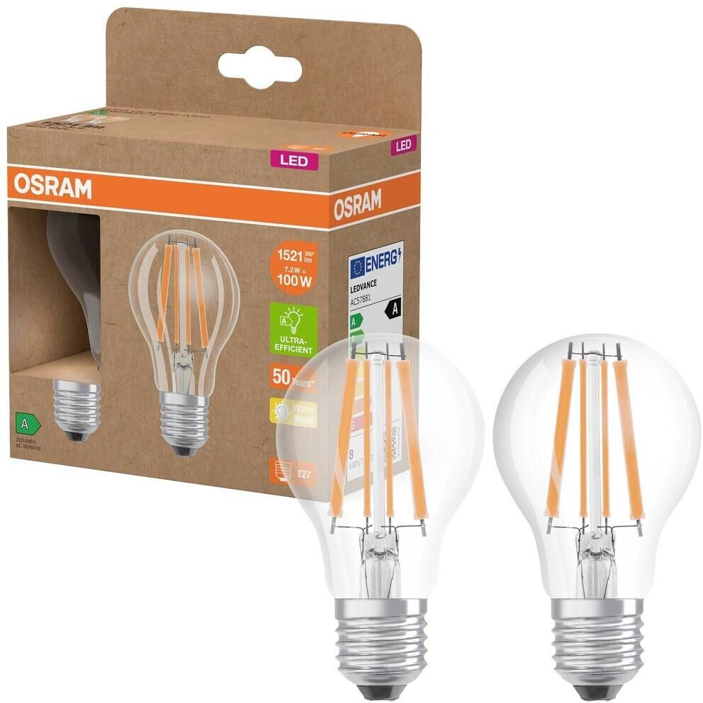 Osram Set of 2 E27 LED lamps Classic Filament 7.2W like 100W warm white light 2700K - Energy efficiency class A