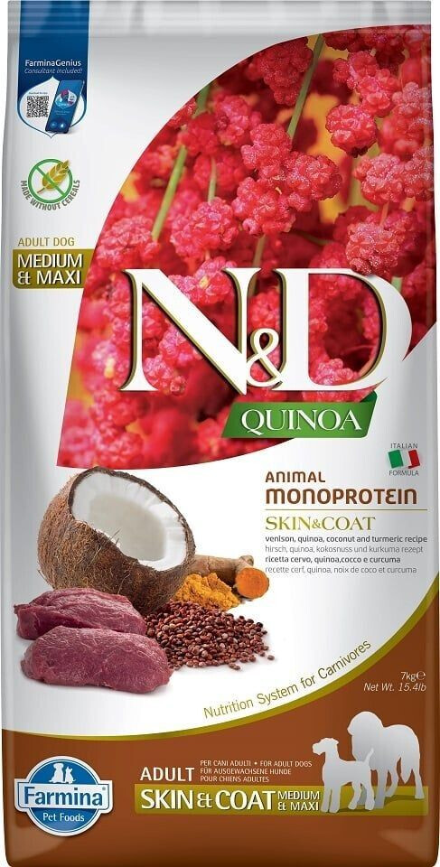 Farmina N&D Quinoa Skin&Coat Adult Medium/Maxi croquettes pour chien cerf (7 kg)
