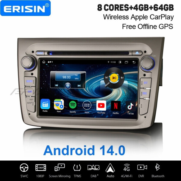 Erisin 8 Kern Android 13 Autoradio Navi 7 Zoll für Alfa Romeo Mito Wireless Carplay Android Auto Bluetooth GPS Navigation WiFi 4G DAB+OBD 4+64GB