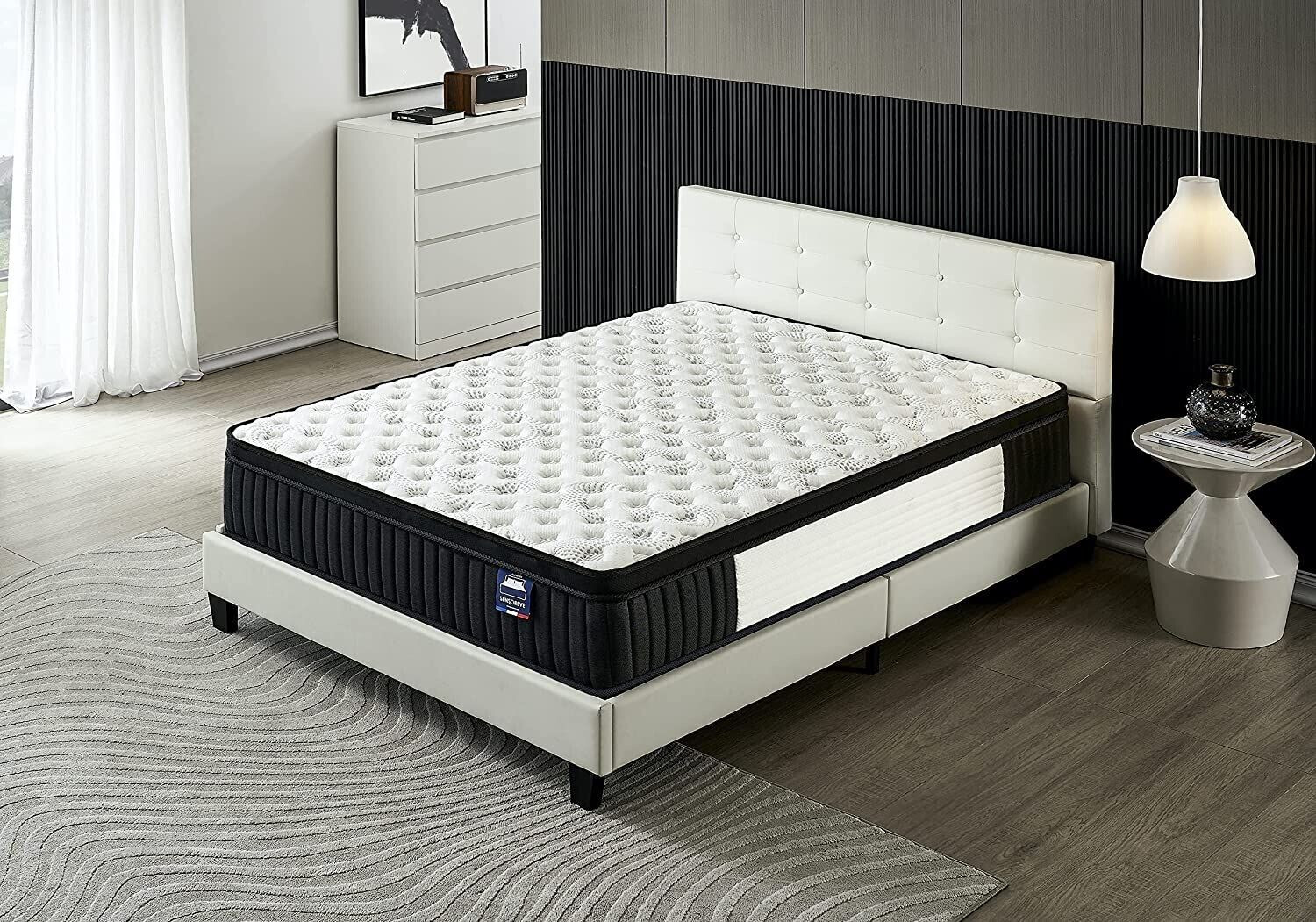 Sensoreve Ensemble 140 x 190 cm Matelas Ressorts Ensachés + Tête de lit + Sommier à lattes