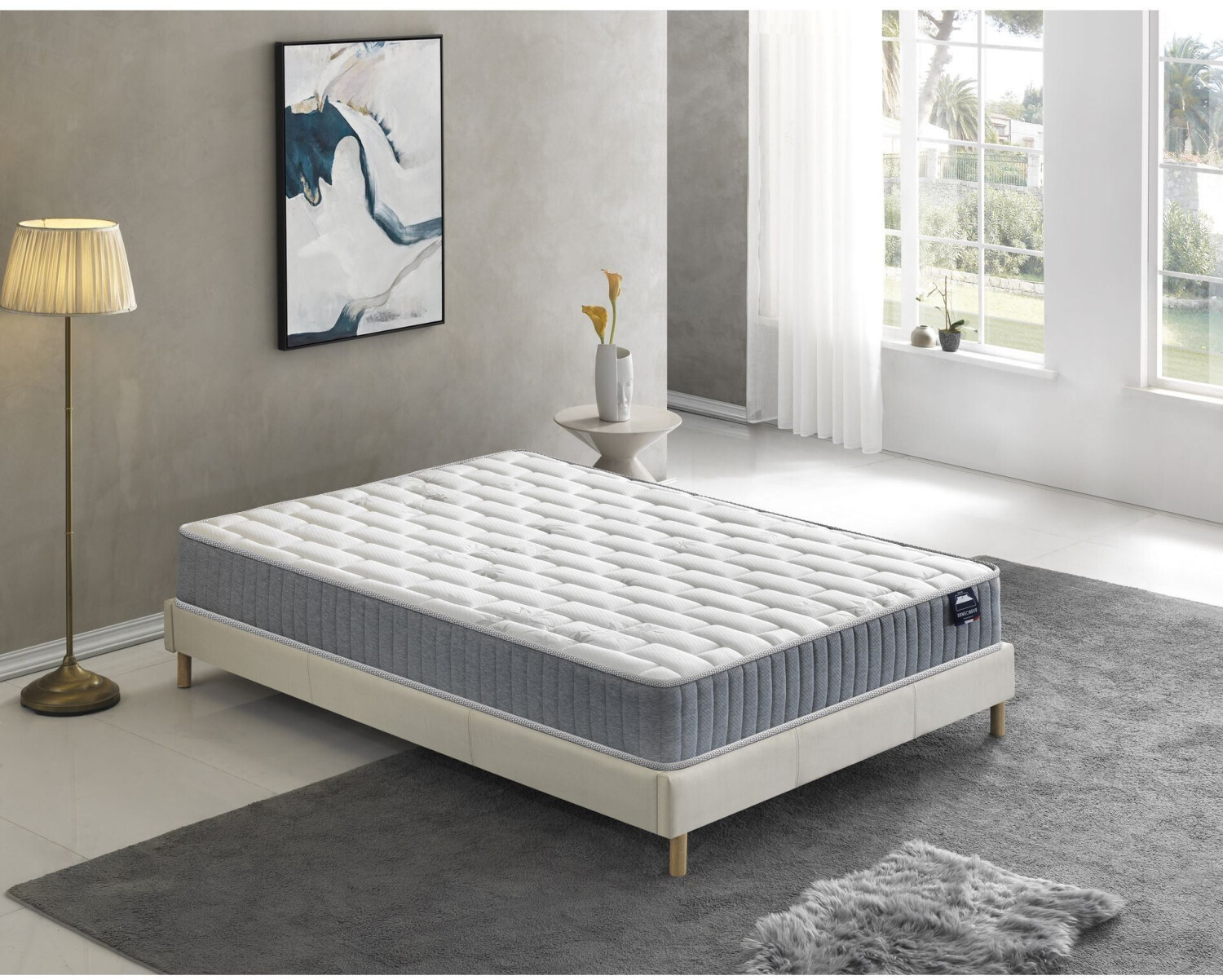 Sensoreve Ensemble Matelas Ressorts Ensachés + Sommier 180 x 200 cm Tissu blanc