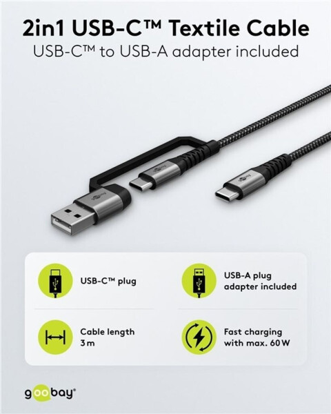 Goobay 2in1 USB-Textilkabel, spacegrau/silber, 3 m, Bild 2