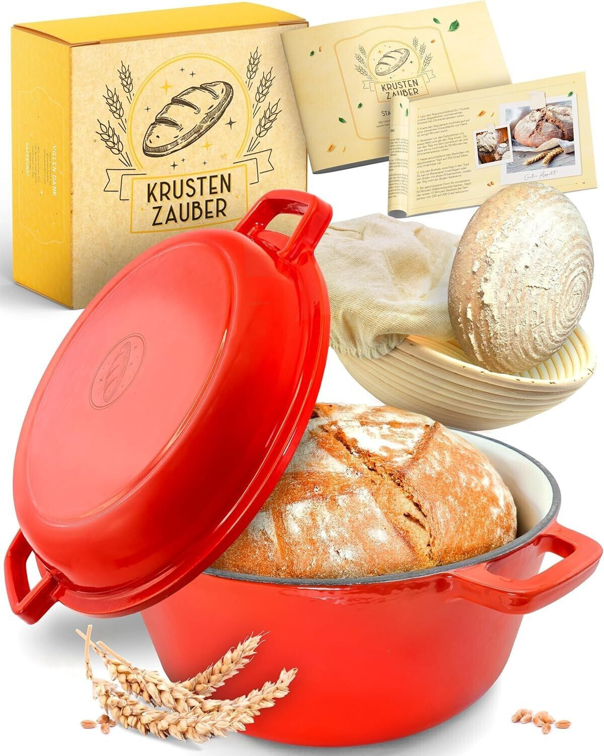 Krustenzauber Schmortopf Gusseisen Topf [inkl. Fleischgabel] -, (Robuster 26cm Gusseisen Bräter mit Deckel Backofengeeignet, Ideal als Schmortopf Induktion, Dutch Oven Set, Kazan, Cast Iron Pot