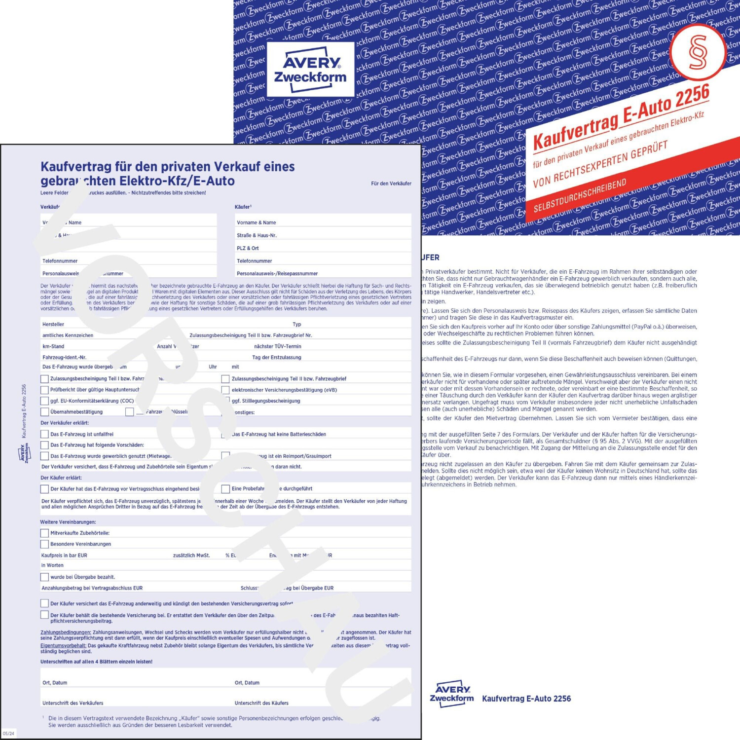 Avery Zweckform 2256 Kaufvertrag für den privaten Verkauf eines gebrauchten Elektro-Kfz/E-Auto A4