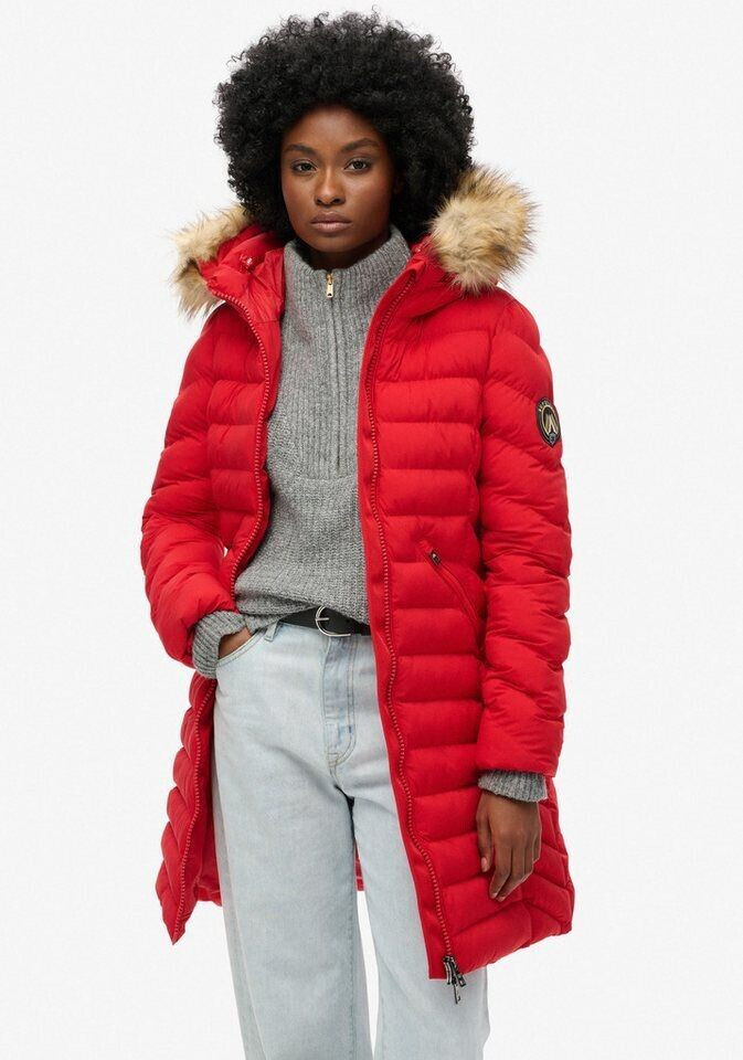 Superdry Fuji Faux Fur Hood Mid Length Puffer Jacket dark red