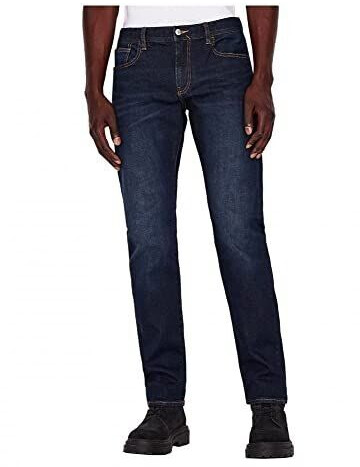 Armani Exchange Men's Denim Pockets Slim Dark Wash Tobacco Stitching Stretch Cotton