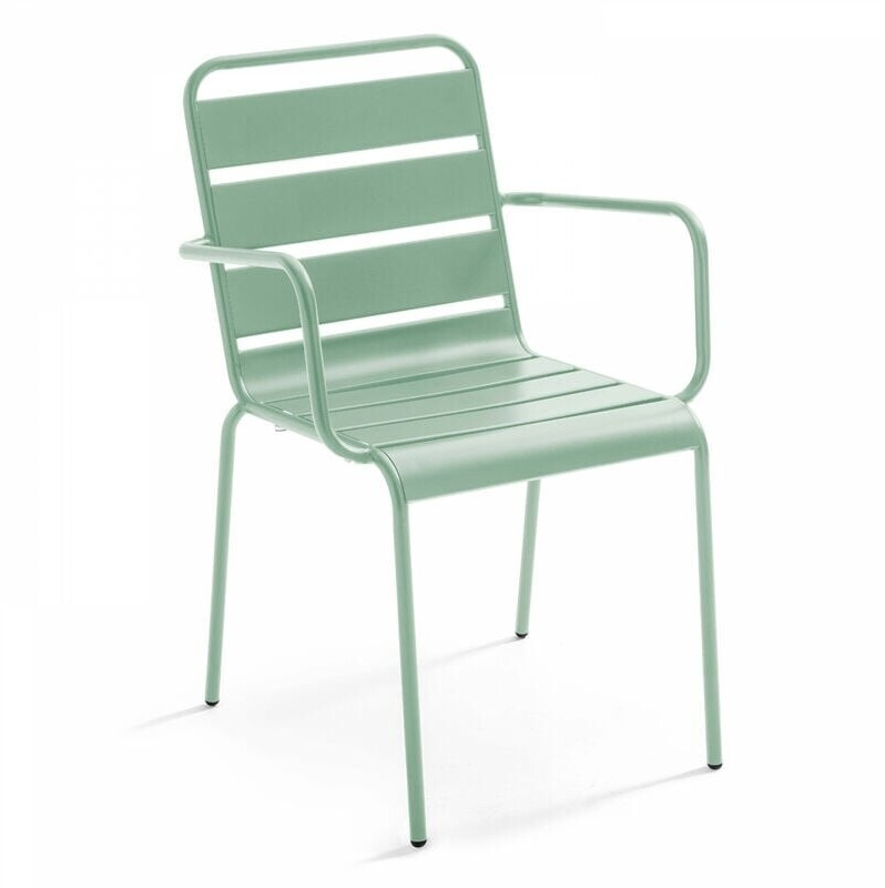 Oviala Chaise de jardin en métal avec accoudoirs Palavas vert sauge