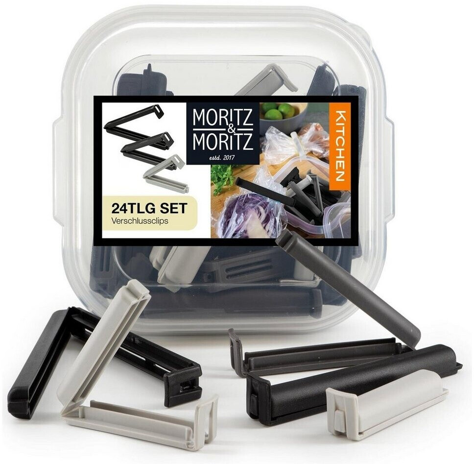 Moritz & Moritz 24 x Pinces alimentaires pour sachets - Fermeture Sachet alimentaire dans Une Boîte Transparente – pince sachet alimentaire en 3 Couleurs (Gris
