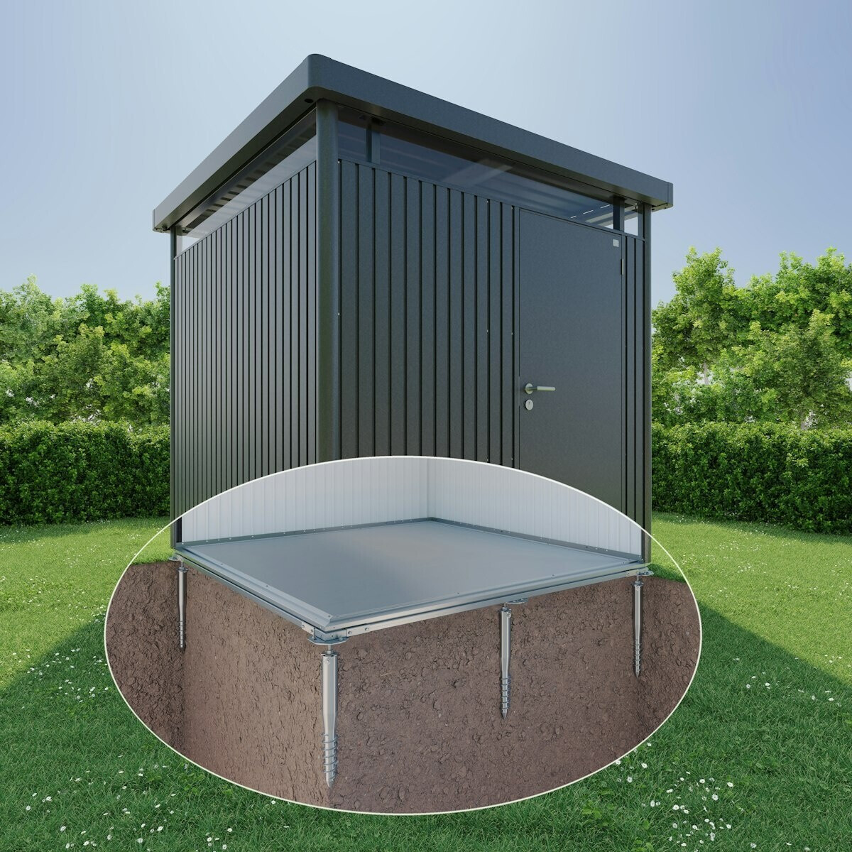 Biohort Erdschrauben-Fundament SmartBasePLUS für Gerätehaus HighLine mit Einzeltür oder Doppeltür 275 x 155 cm (Gr. H S mit Einzeltür in kurzer Seitenwand)