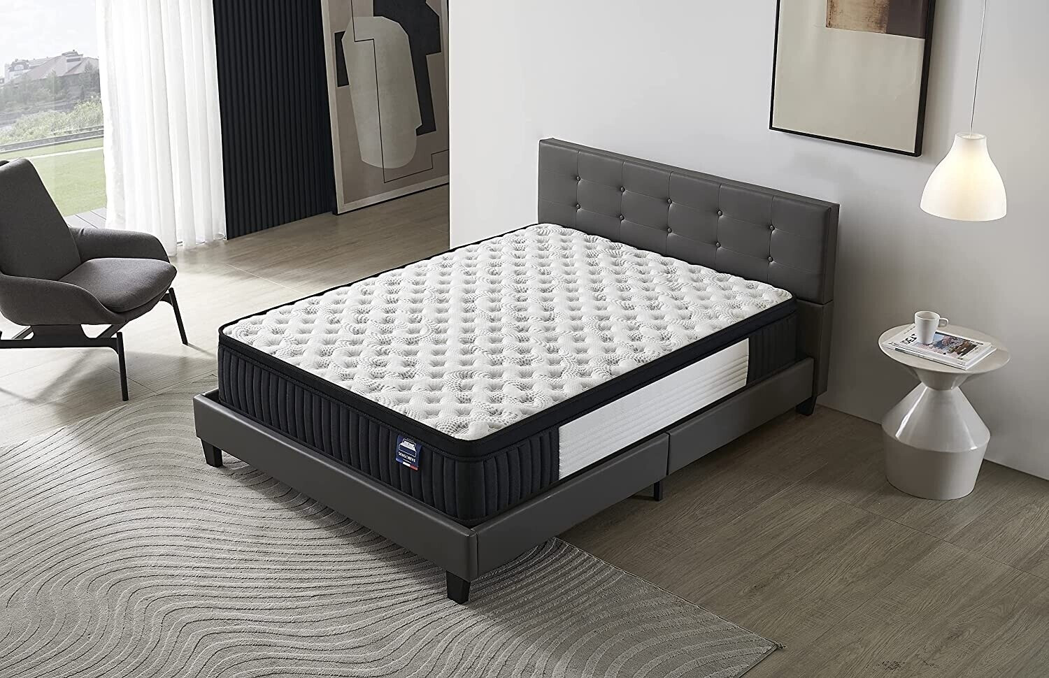 Sensoreve Ensemble 160x200cm-Matelas ressorts ensachés et Mémoire de forme + Lit avec Tête de lit et sommier à lattes