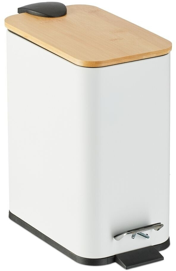 Relaxdays Metal waste bucket 5L with bamboo lid white (10047358_49)