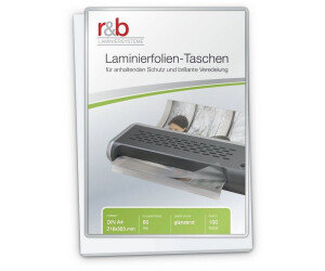 r&b Laminating pouches A4 (216 x 303 mm), 2 x 80 mic, glossy, with self-adhesive backing (100 pieces)