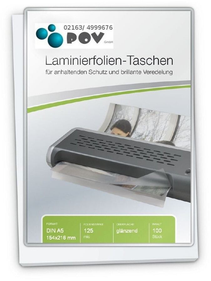 Point Of View Laminierfolien A5 (154 x 216 mm), 2 x 125 mic, glänzend, mit selbstkl. Rückseite (FT-A5-125S)