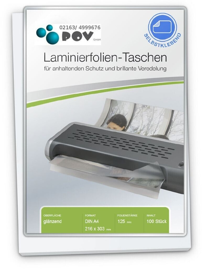 Point Of View Laminierfolien A4 (216 x 303 mm), 2 x 125 mic, glänzend, mit selbstkl. Rückseite (FT-A4-125S)