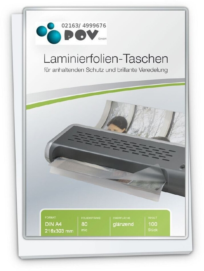 Point Of View Laminierfolien A4 (216 x 303 mm), 2 x 80 mic, glänzend, mit selbstkl. Rückseite (FT-A4-80S)